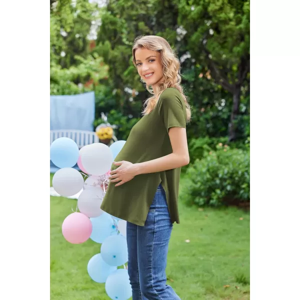 Ekouaer Womens Maternity Shirts Short Sleeve Pregnancy Tops Blouses Split Side Casual Crewneck Pregnant Tunic TeeArmy Green