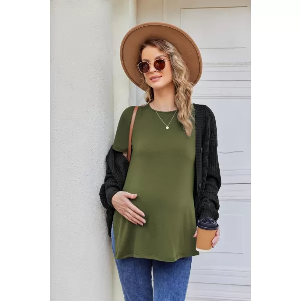 Ekouaer Womens Maternity Shirts Short Sleeve Pregnancy Tops Blouses Split Side Casual Crewneck Pregnant Tunic TeeArmy Green