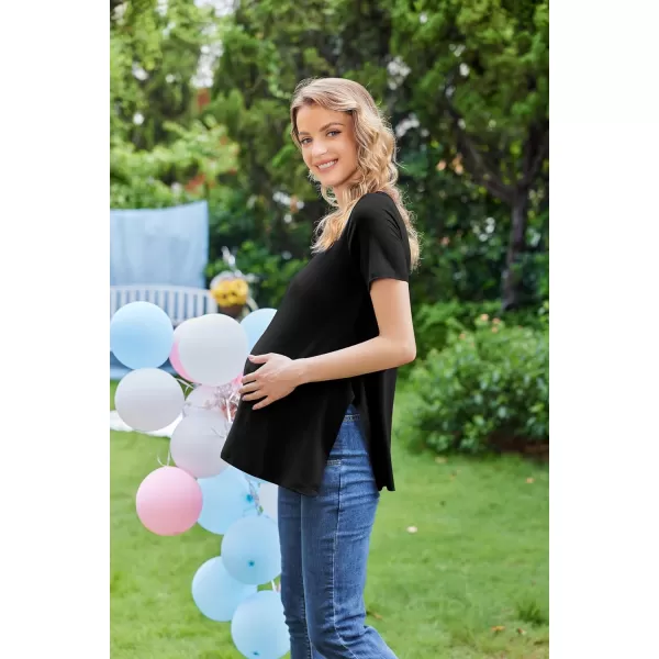 Ekouaer Womens Maternity Shirts Short Sleeve Pregnancy Tops Blouses Split Side Casual Crewneck Pregnant Tunic TeeBlack