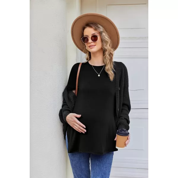 Ekouaer Womens Maternity Shirts Short Sleeve Pregnancy Tops Blouses Split Side Casual Crewneck Pregnant Tunic TeeBlack