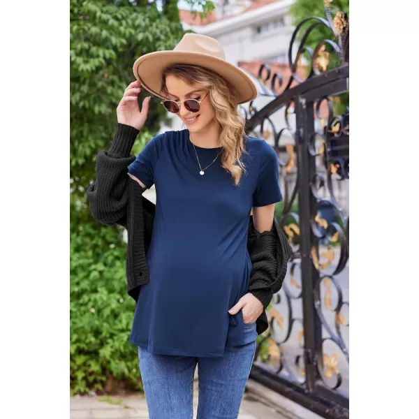Ekouaer Womens Maternity Shirts Short Sleeve Pregnancy Tops Blouses Split Side Casual Crewneck Pregnant Tunic TeeBlue