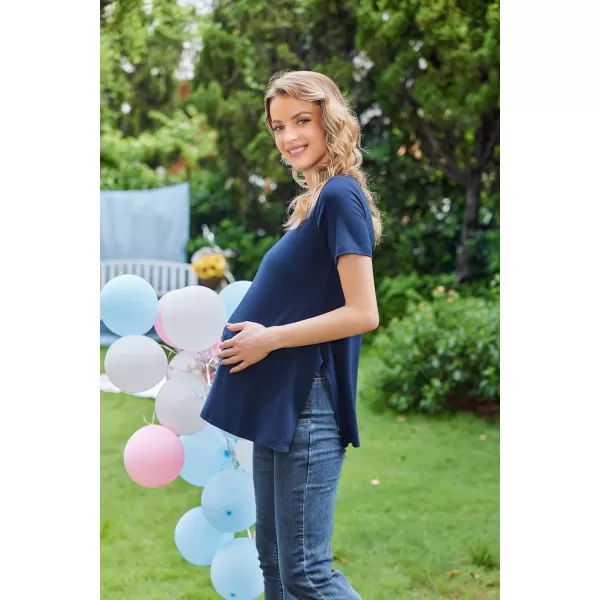 Ekouaer Womens Maternity Shirts Short Sleeve Pregnancy Tops Blouses Split Side Casual Crewneck Pregnant Tunic TeeBlue