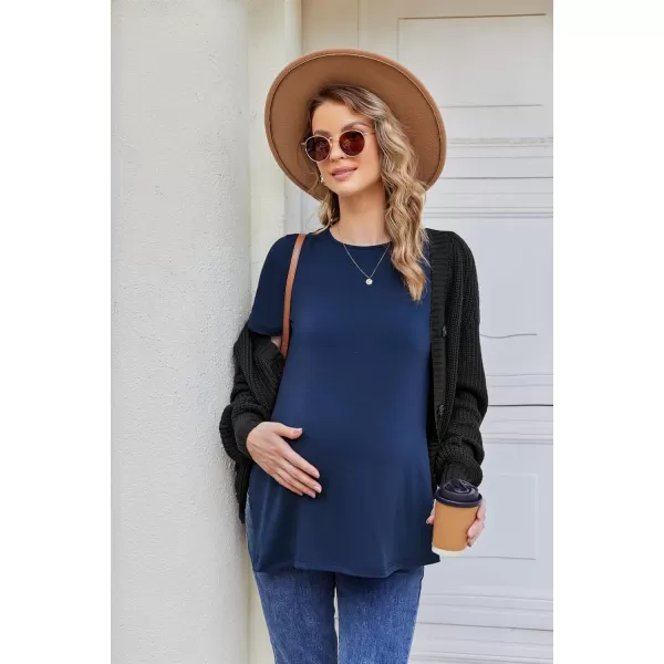 Ekouaer Womens Maternity Shirts Short Sleeve Pregnancy Tops Blouses Split Side Casual Crewneck Pregnant Tunic TeeBlue