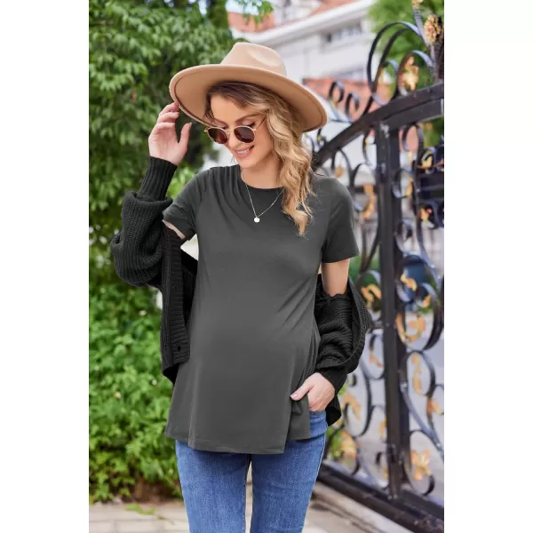 Ekouaer Womens Maternity Shirts Short Sleeve Pregnancy Tops Blouses Split Side Casual Crewneck Pregnant Tunic TeeDeep Grey