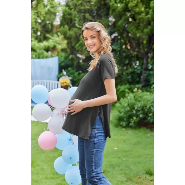 Ekouaer Womens Maternity Shirts Short Sleeve Pregnancy Tops Blouses Split Side Casual Crewneck Pregnant Tunic TeeDeep Grey