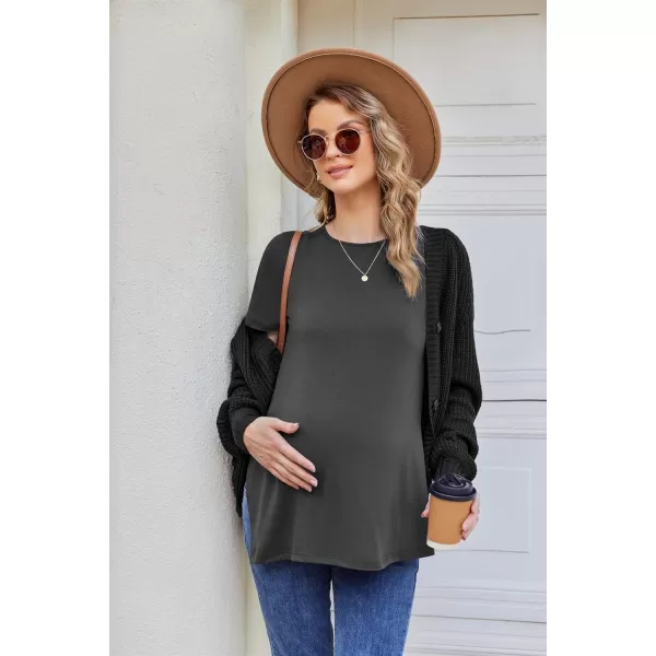 Ekouaer Womens Maternity Shirts Short Sleeve Pregnancy Tops Blouses Split Side Casual Crewneck Pregnant Tunic TeeDeep Grey