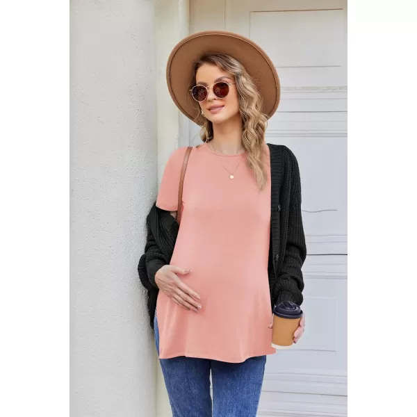 Ekouaer Womens Maternity Shirts Short Sleeve Pregnancy Tops Blouses Split Side Casual Crewneck Pregnant Tunic TeePink