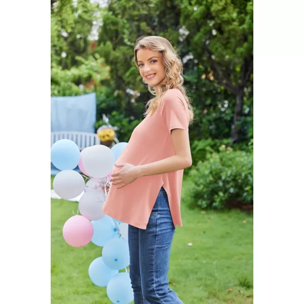Ekouaer Womens Maternity Shirts Short Sleeve Pregnancy Tops Blouses Split Side Casual Crewneck Pregnant Tunic TeePink