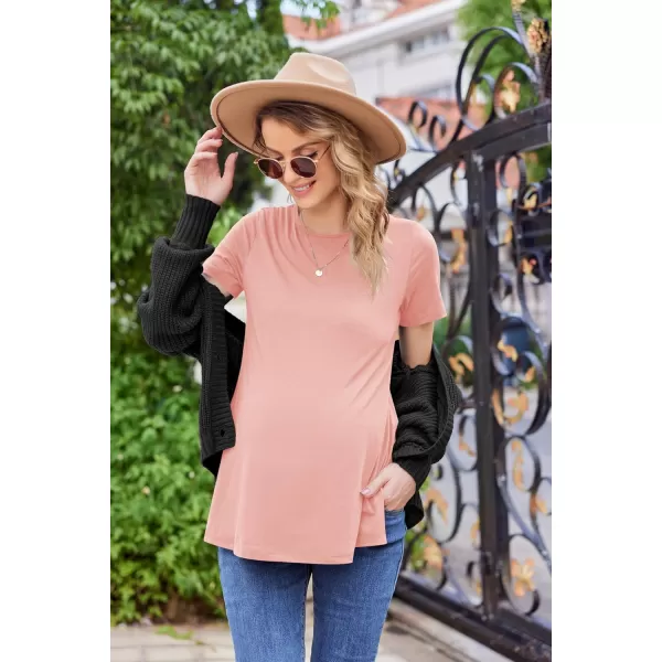 Ekouaer Womens Maternity Shirts Short Sleeve Pregnancy Tops Blouses Split Side Casual Crewneck Pregnant Tunic TeePink