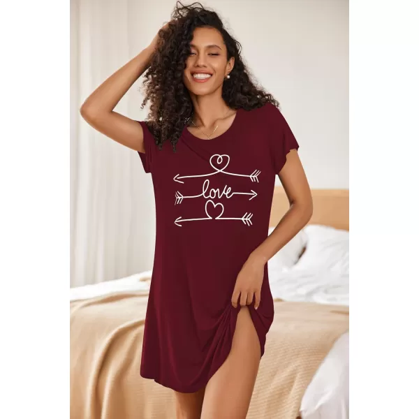 Ekouaer Womens Nightgown Short Sleeve Printed Sleepshirts Cute Night Shirts Soft Pajama SleepwearWine Red