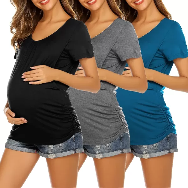 Ekouaer Womens Nursing Tops 3 Pack for Breastfeeding Shirts Maternity Clothes Double Layer Pregnancy Tee Postpartum Shirt3pcs Black  Flecking Grey  Teal