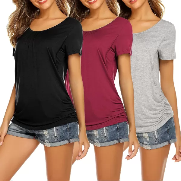 Ekouaer Womens Nursing Tops 3 Pack for Breastfeeding Shirts Maternity Clothes Double Layer Pregnancy Tee Postpartum Shirt3pcs Black  Wine Red  Grey