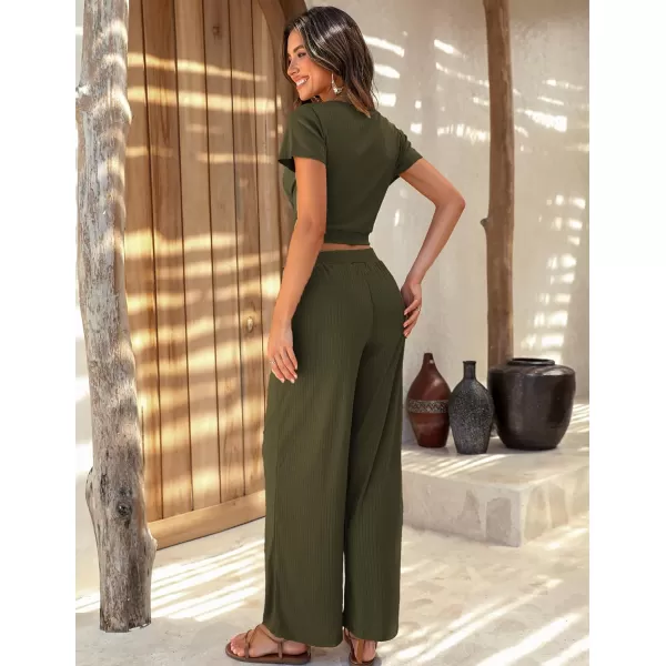 Ekouaer Womens Pajama Sets 2 Piece Lounge Set Short Sleeve Outfit Sets Ribbed Knot Crop Top Wide Leg Pants with PocketsArmy Green