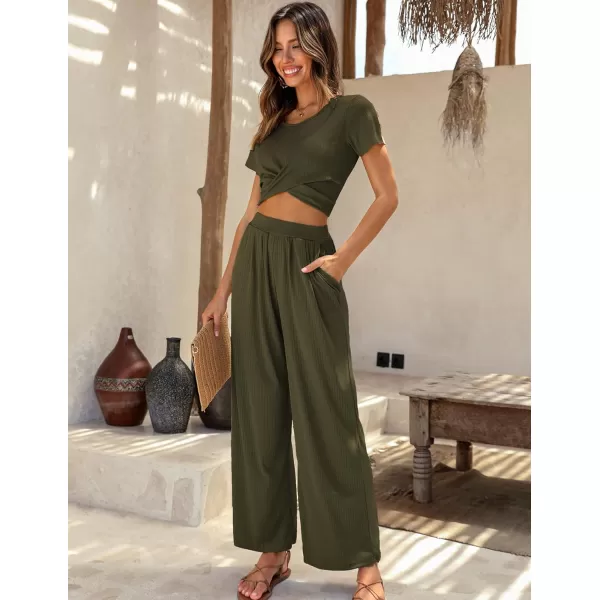 Ekouaer Womens Pajama Sets 2 Piece Lounge Set Short Sleeve Outfit Sets Ribbed Knot Crop Top Wide Leg Pants with PocketsArmy Green