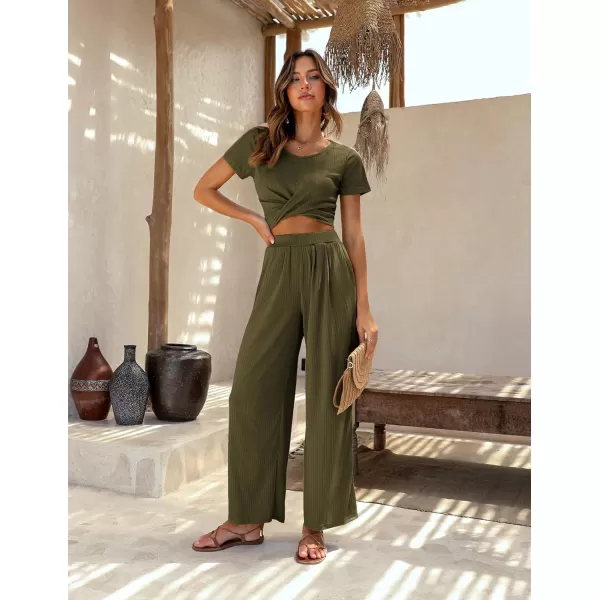 Ekouaer Womens Pajama Sets 2 Piece Lounge Set Short Sleeve Outfit Sets Ribbed Knot Crop Top Wide Leg Pants with PocketsArmy Green