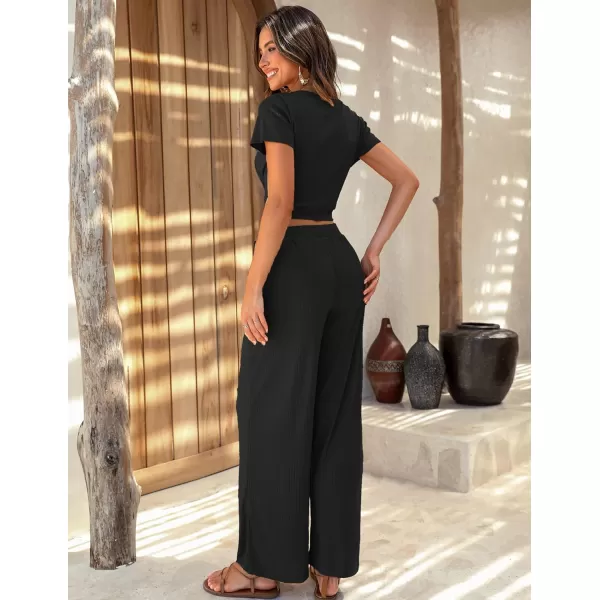 Ekouaer Womens Pajama Sets 2 Piece Lounge Set Short Sleeve Outfit Sets Ribbed Knot Crop Top Wide Leg Pants with PocketsBlack