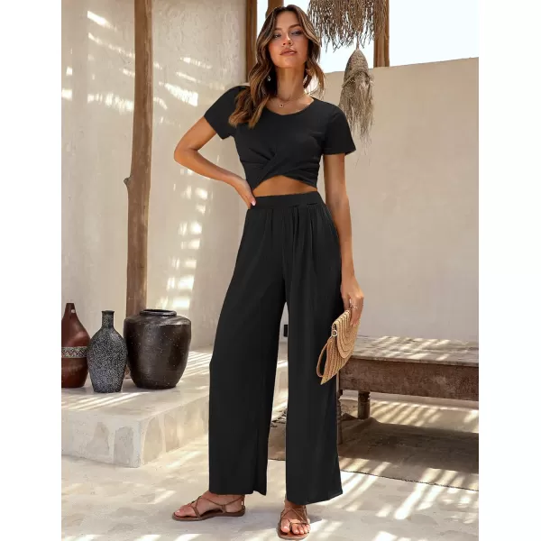 Ekouaer Womens Pajama Sets 2 Piece Lounge Set Short Sleeve Outfit Sets Ribbed Knot Crop Top Wide Leg Pants with PocketsBlack