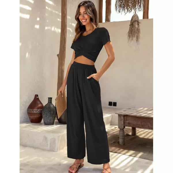 Ekouaer Womens Pajama Sets 2 Piece Lounge Set Short Sleeve Outfit Sets Ribbed Knot Crop Top Wide Leg Pants with PocketsBlack