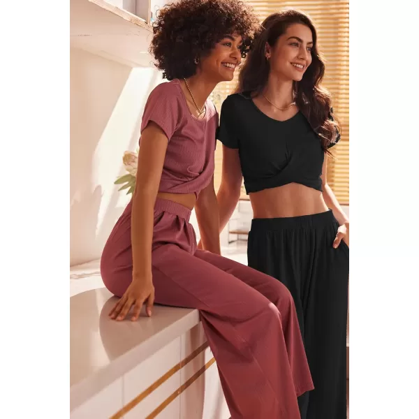 Ekouaer Womens Pajama Sets 2 Piece Lounge Set Short Sleeve Outfit Sets Ribbed Knot Crop Top Wide Leg Pants with PocketsBlack
