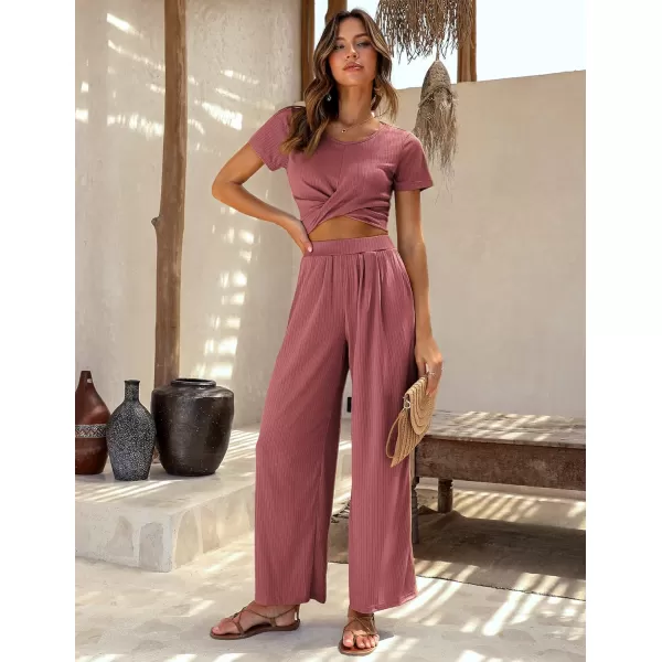 Ekouaer Womens Pajama Sets 2 Piece Lounge Set Short Sleeve Outfit Sets Ribbed Knot Crop Top Wide Leg Pants with PocketsDusty Rose