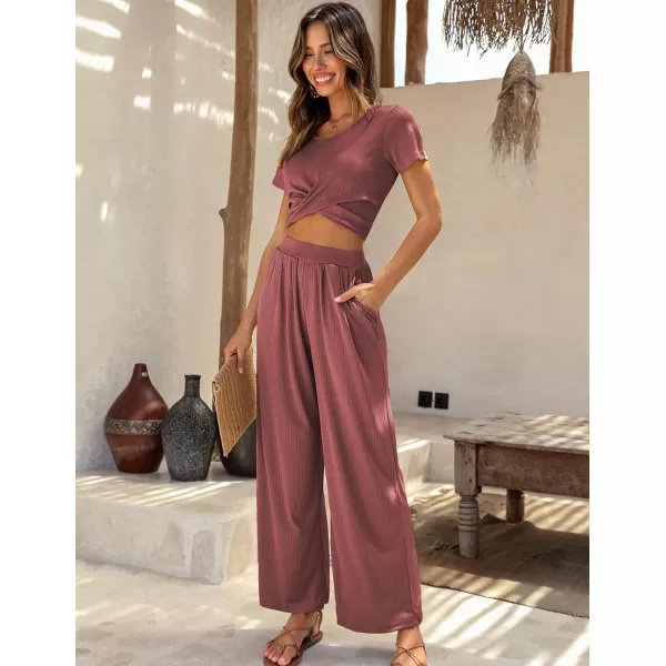 Ekouaer Womens Pajama Sets 2 Piece Lounge Set Short Sleeve Outfit Sets Ribbed Knot Crop Top Wide Leg Pants with PocketsDusty Rose