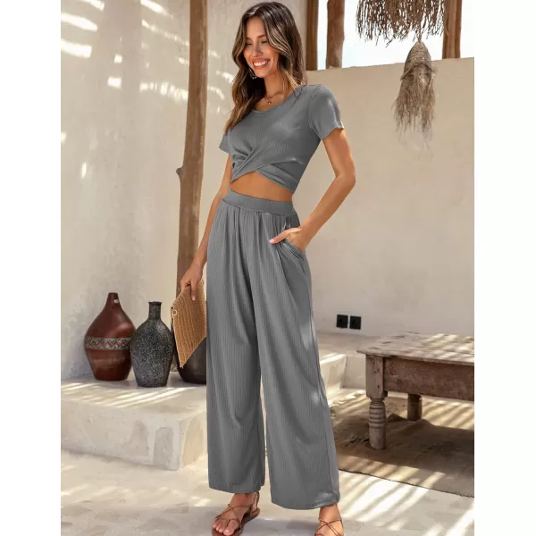 Ekouaer Womens Pajama Sets 2 Piece Lounge Set Short Sleeve Outfit Sets Ribbed Knot Crop Top Wide Leg Pants with PocketsGray