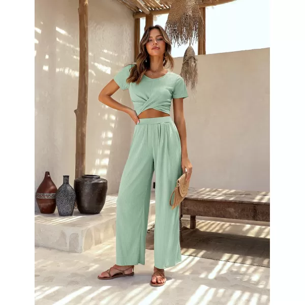 Ekouaer Womens Pajama Sets 2 Piece Lounge Set Short Sleeve Outfit Sets Ribbed Knot Crop Top Wide Leg Pants with PocketsLight Green