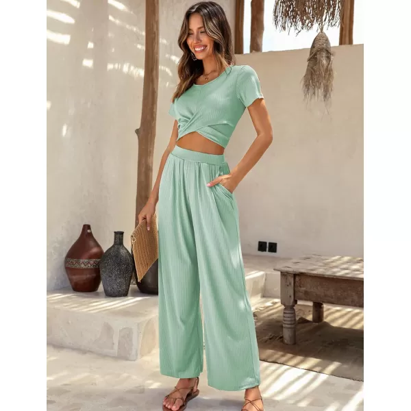 Ekouaer Womens Pajama Sets 2 Piece Lounge Set Short Sleeve Outfit Sets Ribbed Knot Crop Top Wide Leg Pants with PocketsLight Green