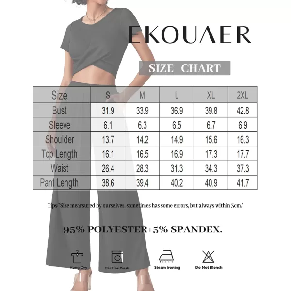 Ekouaer Womens Pajama Sets 2 Piece Lounge Set Short Sleeve Outfit Sets Ribbed Knot Crop Top Wide Leg Pants with PocketsLight Green