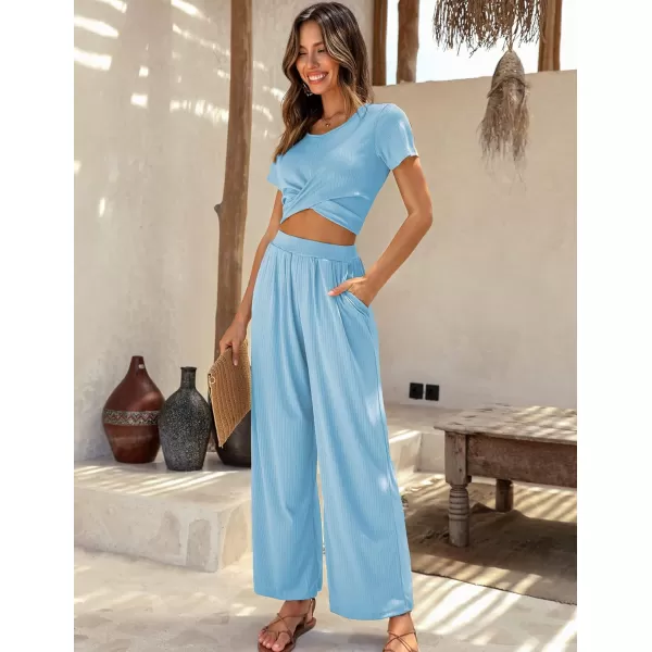 Ekouaer Womens Pajama Sets 2 Piece Lounge Set Short Sleeve Outfit Sets Ribbed Knot Crop Top Wide Leg Pants with PocketsLight Sky Blue