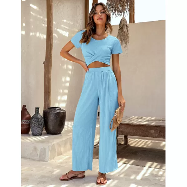 Ekouaer Womens Pajama Sets 2 Piece Lounge Set Short Sleeve Outfit Sets Ribbed Knot Crop Top Wide Leg Pants with PocketsLight Sky Blue