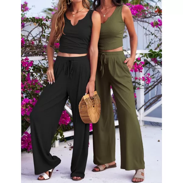 Ekouaer Womens Pajama Sets 2 Piece Lounge Set Short Sleeve Outfit Sets Ribbed Knot Crop Top Wide Leg Pants with PocketsTankarmy Green