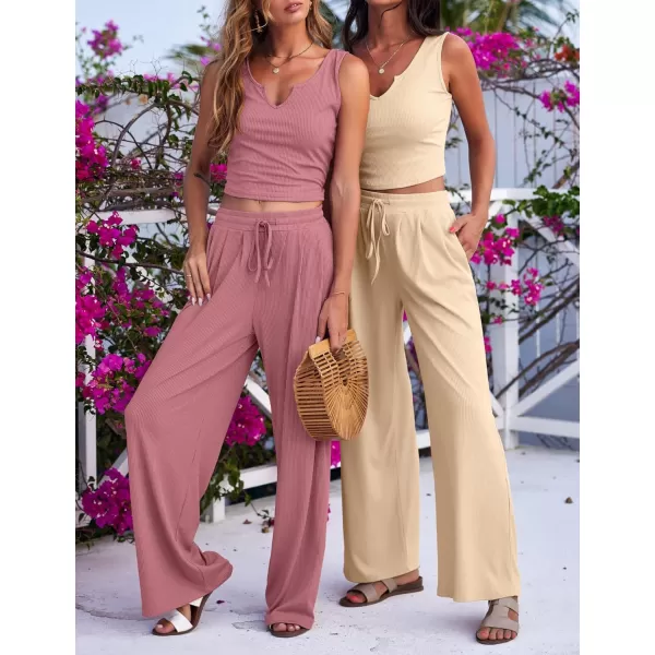 Ekouaer Womens Pajama Sets 2 Piece Lounge Set Short Sleeve Outfit Sets Ribbed Knot Crop Top Wide Leg Pants with PocketsTankbeige