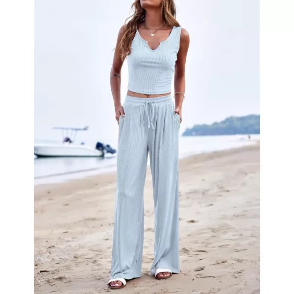 Ekouaer Womens Pajama Sets 2 Piece Lounge Set Short Sleeve Outfit Sets Ribbed Knot Crop Top Wide Leg Pants with PocketsTanklight Blue
