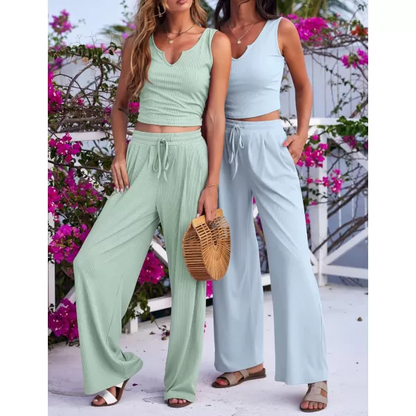 Ekouaer Womens Pajama Sets 2 Piece Lounge Set Short Sleeve Outfit Sets Ribbed Knot Crop Top Wide Leg Pants with PocketsTanklight Blue