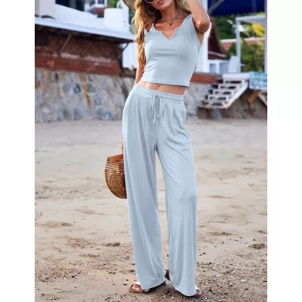 Ekouaer Womens Pajama Sets 2 Piece Lounge Set Short Sleeve Outfit Sets Ribbed Knot Crop Top Wide Leg Pants with PocketsTanklight Blue