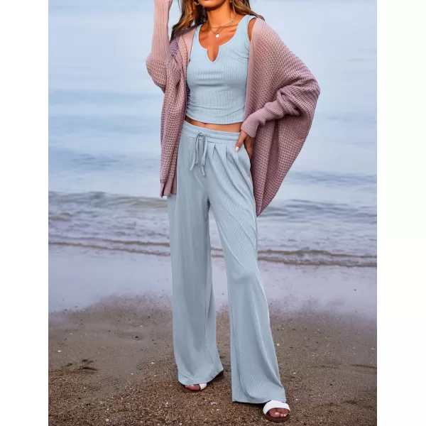 Ekouaer Womens Pajama Sets 2 Piece Lounge Set Short Sleeve Outfit Sets Ribbed Knot Crop Top Wide Leg Pants with PocketsTanklight Blue
