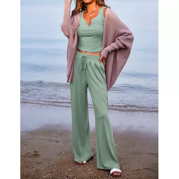 Ekouaer Womens Pajama Sets 2 Piece Lounge Set Short Sleeve Outfit Sets Ribbed Knot Crop Top Wide Leg Pants with PocketsTanklight Green