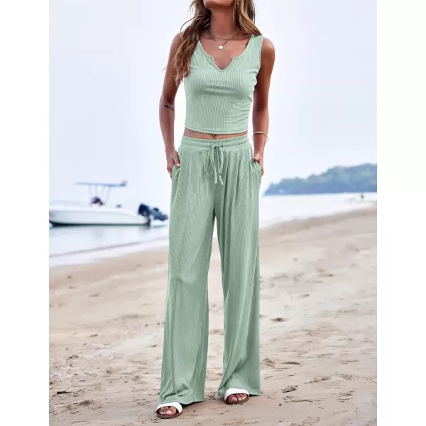 Ekouaer Womens Pajama Sets 2 Piece Lounge Set Short Sleeve Outfit Sets Ribbed Knot Crop Top Wide Leg Pants with PocketsTanklight Green