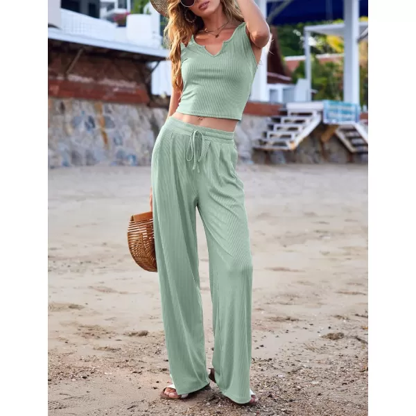 Ekouaer Womens Pajama Sets 2 Piece Lounge Set Short Sleeve Outfit Sets Ribbed Knot Crop Top Wide Leg Pants with PocketsTanklight Green