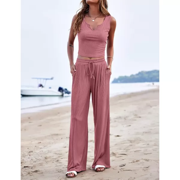 Ekouaer Womens Pajama Sets 2 Piece Lounge Set Short Sleeve Outfit Sets Ribbed Knot Crop Top Wide Leg Pants with PocketsTanklotus Pink