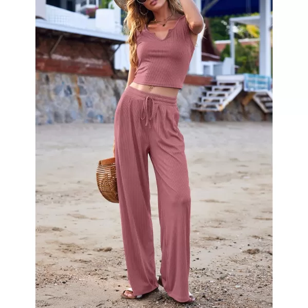 Ekouaer Womens Pajama Sets 2 Piece Lounge Set Short Sleeve Outfit Sets Ribbed Knot Crop Top Wide Leg Pants with PocketsTanklotus Pink