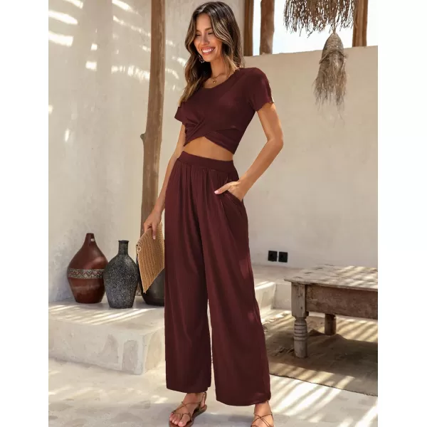 Ekouaer Womens Pajama Sets 2 Piece Lounge Set Short Sleeve Outfit Sets Ribbed Knot Crop Top Wide Leg Pants with PocketsWine Red