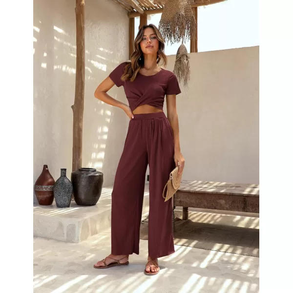 Ekouaer Womens Pajama Sets 2 Piece Lounge Set Short Sleeve Outfit Sets Ribbed Knot Crop Top Wide Leg Pants with PocketsWine Red