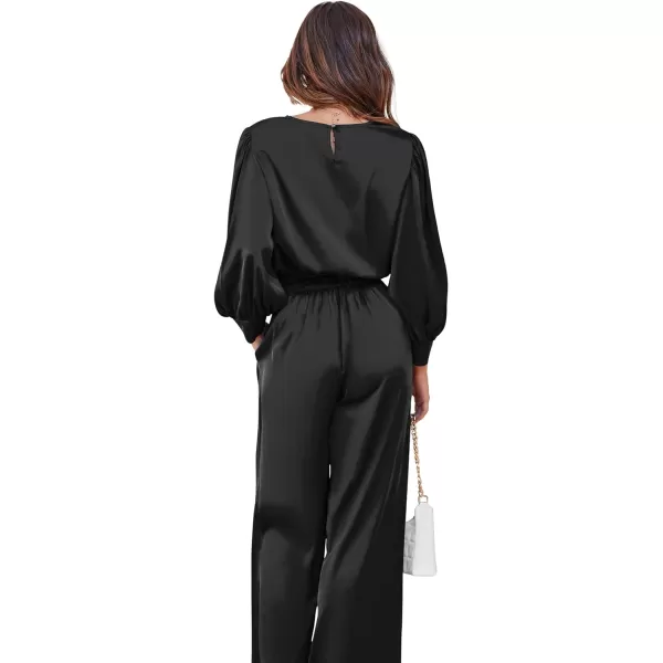 Ekouaer Womens Silk Satin Pajama Set Long Sleeve Crop Top Wide Leg Pant 2 Piece Loungewear with Pocket OutfitsBlack