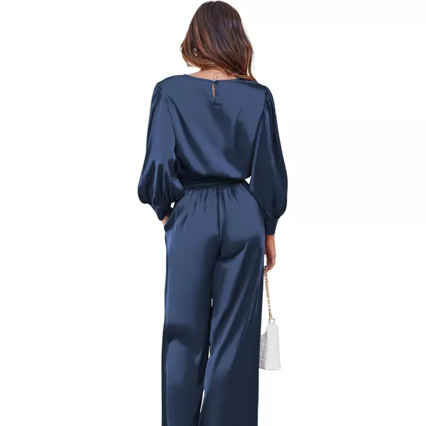 Ekouaer Womens Silk Satin Pajama Set Long Sleeve Crop Top Wide Leg Pant 2 Piece Loungewear with Pocket OutfitsBlue