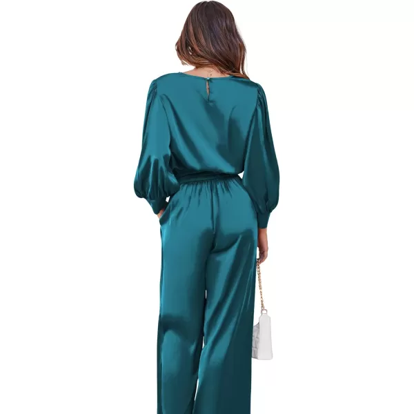 Ekouaer Womens Silk Satin Pajama Set Long Sleeve Crop Top Wide Leg Pant 2 Piece Loungewear with Pocket OutfitsBlue Green