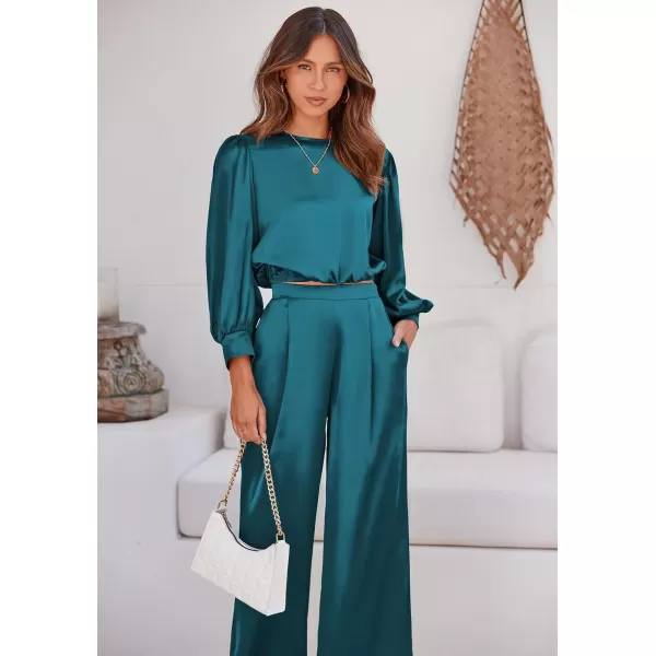 Ekouaer Womens Silk Satin Pajama Set Long Sleeve Crop Top Wide Leg Pant 2 Piece Loungewear with Pocket OutfitsBlue Green