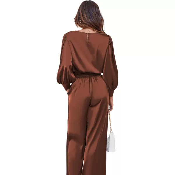 Ekouaer Womens Silk Satin Pajama Set Long Sleeve Crop Top Wide Leg Pant 2 Piece Loungewear with Pocket OutfitsCaramel