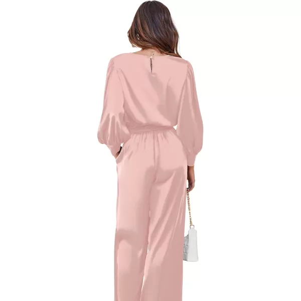 Ekouaer Womens Silk Satin Pajama Set Long Sleeve Crop Top Wide Leg Pant 2 Piece Loungewear with Pocket OutfitsPink